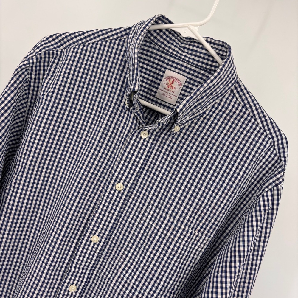 Brooks Brothers Gingham Button Down Shirt Mens M Navy‎ White EUC Madison Fit